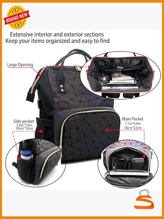 Geometric Holographic Laptop Backpack USB Port Travel Daypack main image 5